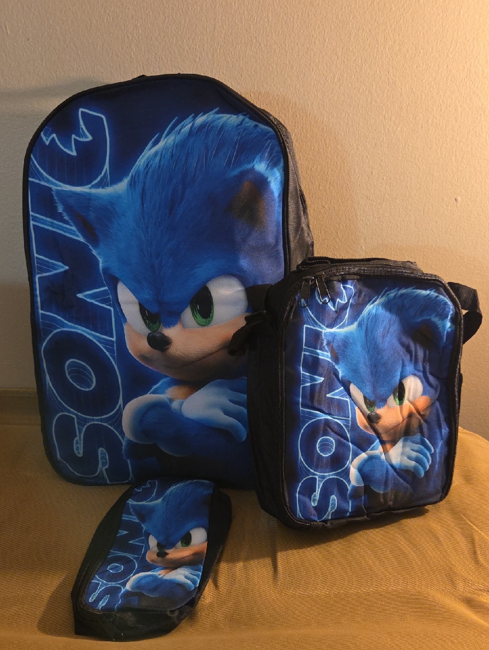 Blue Sonic Character Backpack, Lunchbox & Pencil Case Set